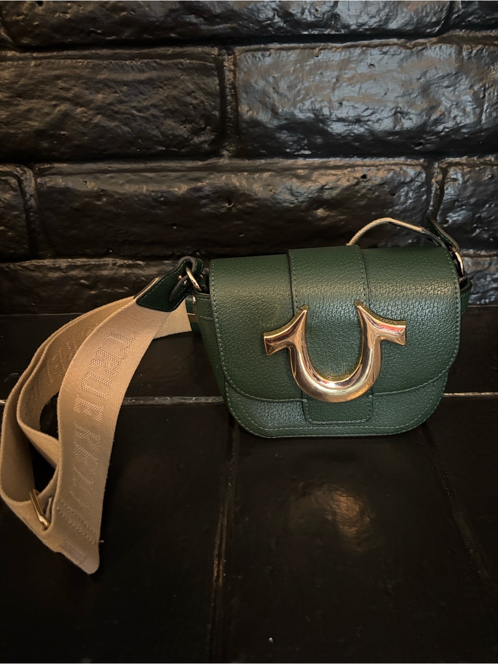 True Religion Forest Green Crossbody with Gold Accent and Beige Strap